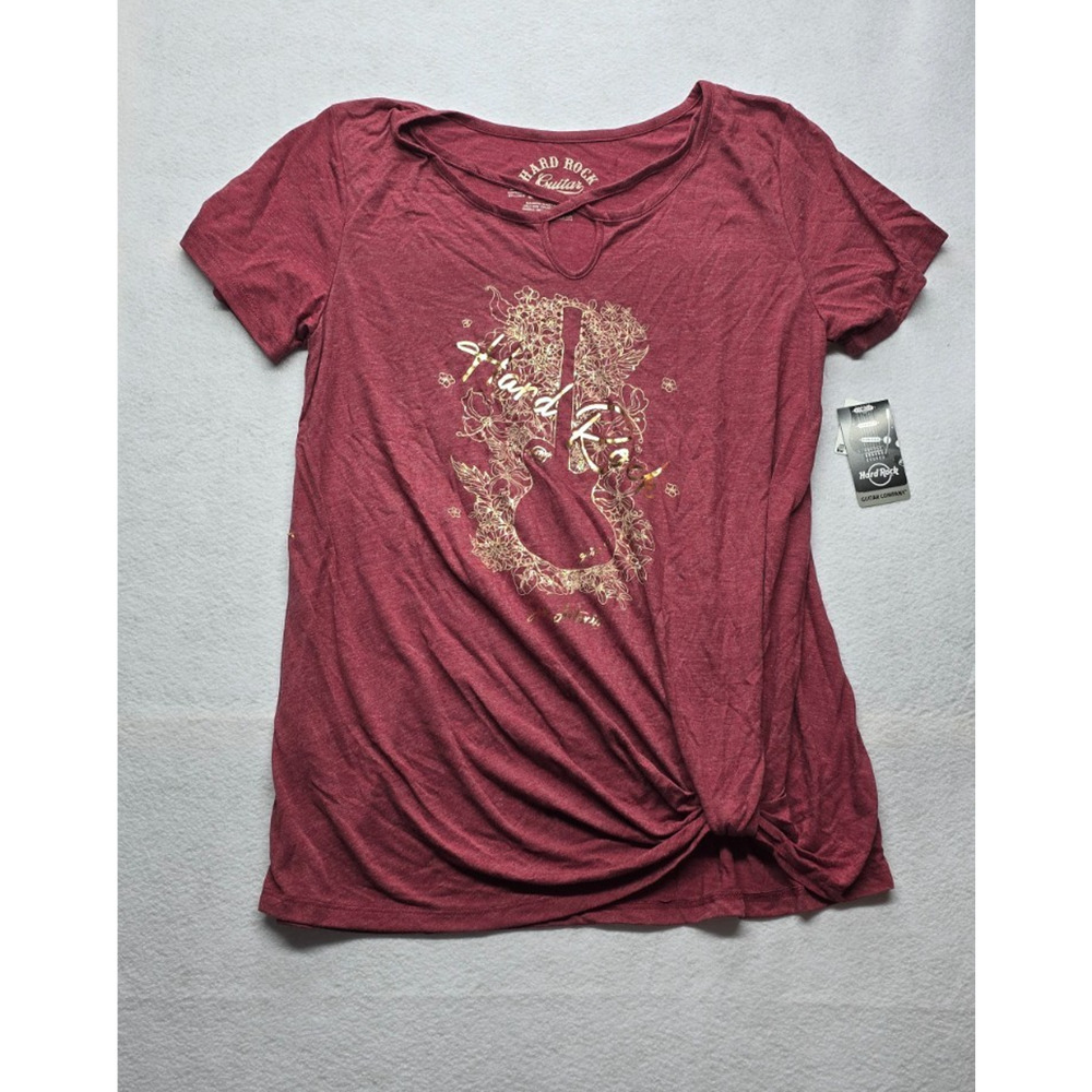 Hard Rock San Antonio Women's Foil Guitar Silhouette Side Knot Tee Burgundy (XL)